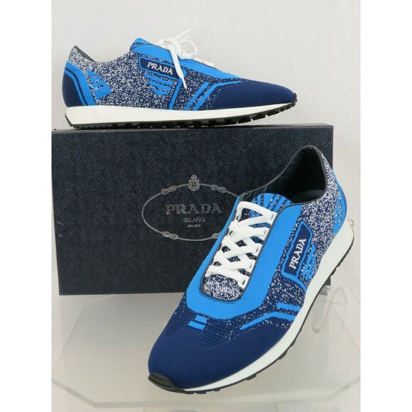 NIB PRADA 2EG272 BLUE FABRIC TRAINERS KNIT LOGO LACE UP SNEAKERS 8.5 US 9.5 IT - Picture 2 of 12